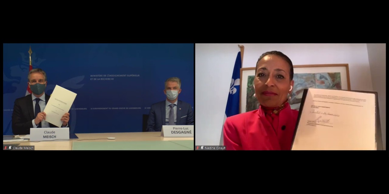 (de g. à dr.) Claude Meisch, ministre de l’Enseignement supérieur et de la Recherche,  Pierre-Luc Desgagné, délégué général du Québec à Bruxelles, Nadine Girault, ministre des Relations internationales et de la Francophonie, Ministre de l’Immigration, de la Francisation et de l’Intégration et Ministre responsable des Laurentides (Québec)