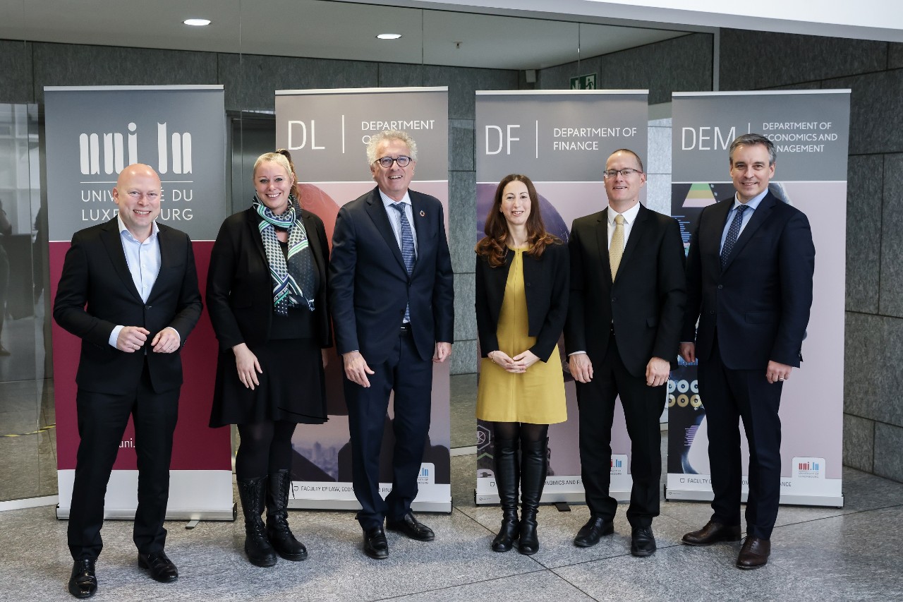 (de g. à dr.): Prof. Stéphane Pallage, recteur de l’Université, Carole Dieschbourg, ministre de l'Environnement, du Climat et du Développement durable, Pierre Gramegna, ministre des Finances, Prof. Katalin Ligeti, doyenne de la Faculté de Droit, d’Economie et de Finance, Prof. Michael Halling, titulaire de la chaire, Claude Meisch, ministre de l’Enseignement supérieur et de la Recherche.